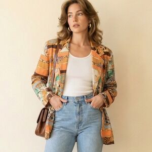 Vintage 90s Mosaique Blazer Jacket Womens Medium Nautical Map‎ Print Multicolor